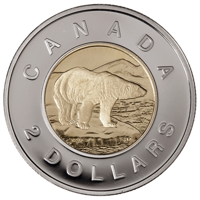 The reverse side of a 1996, mint condition, Canadian 2-dollar coin.