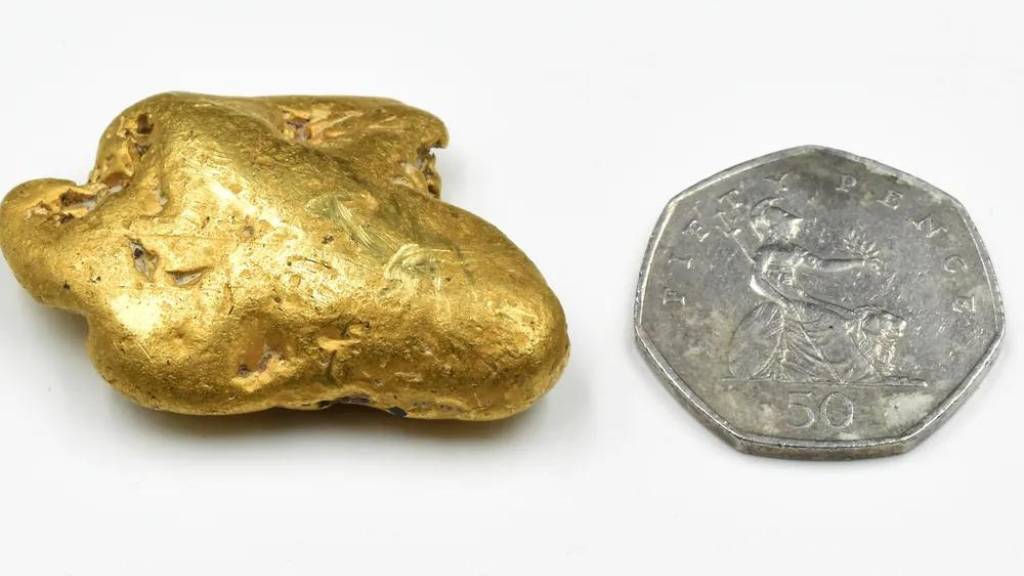 image of a gold nugget and a fifty-pence piece. The gold nugget is larger.